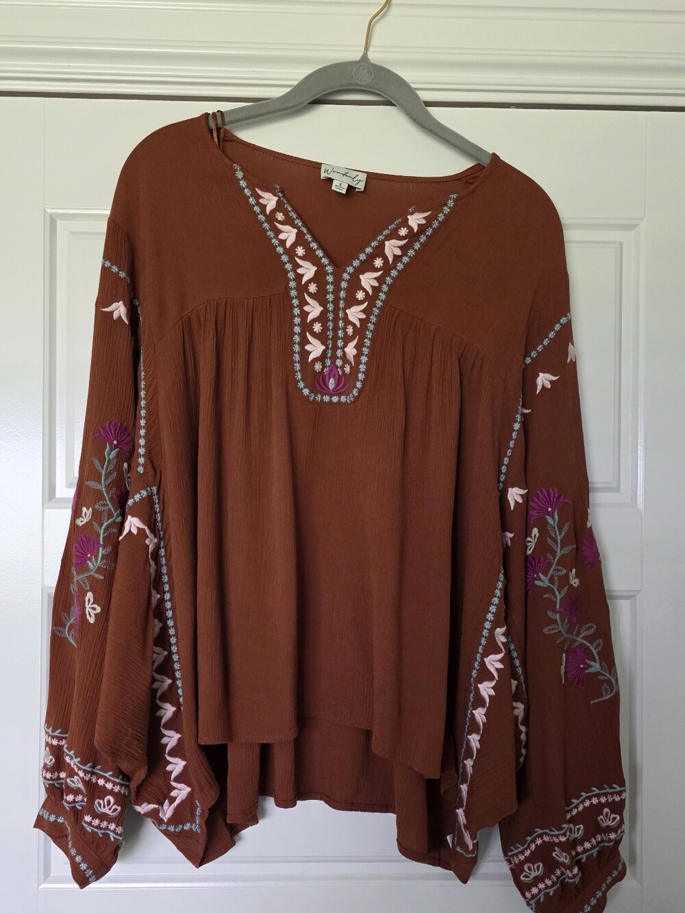 Wonderly Rust Embroidered Boho Tunic with Purple Accents Oversized Small